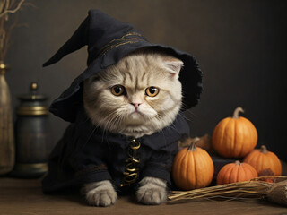 Scottish Foldcat cat in a witch costume for an event Halloween masquerade holiday AI generated