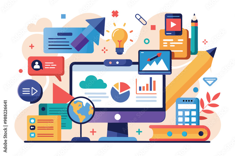 Aufkleber a colorful workspace captures various digital tools aiding in content creation, analytics, and commu