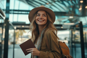A woman in a hat and jacket, holding a passport, walking in an airport