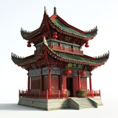 Fototapeta premium 3D Render of a Chinese temple with traditional drum and bell towers, on isolated white background