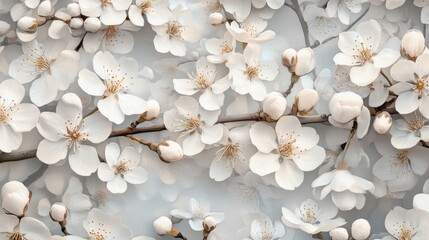 Apple blossom branch of flowers cherry. Traditional ornate spring flowers sakura pattern seamless. White flower buds on a tree. Sacura collage artistic illustration