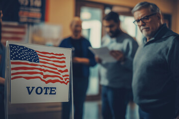 A voting booth with an American flag and the word "vote". People are in the background