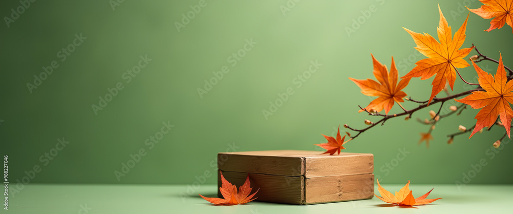 Canvas Prints Autumnal Still Life with Wooden Box and Maple Leaves