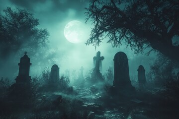 Ghosts Floating in a Misty Graveyard on Halloween Night.