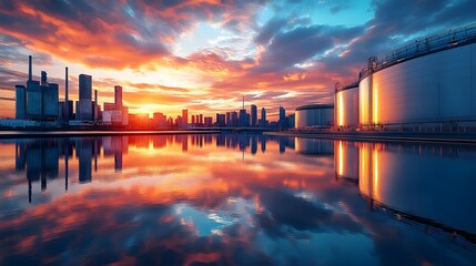 Fototapeta premium A gleaming stainless steel tank reflecting a modern city skyline at sunset, with vivid details of skyscrapers and ambient light subtly captured in its surface
