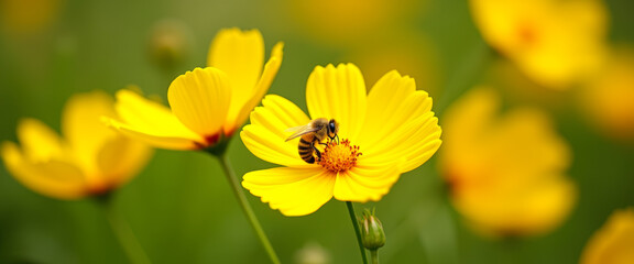 Obraz premium Honey Bee Gathering Pollen from a Yellow Flower