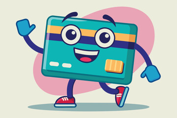 Fototapeta premium A lively cartoon credit card character waves and dances, showcasing its fun and friendly design in a vibrant, animated setting.