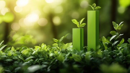 Fototapeta premium A vibrant green bar graph rising from thick greenery, representing sustainable economic growth and environmental balance, with no logos or people.