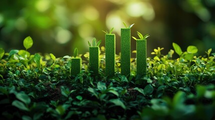 A vibrant green bar graph rising from thick greenery, representing sustainable economic growth and environmental balance, with no logos or people.