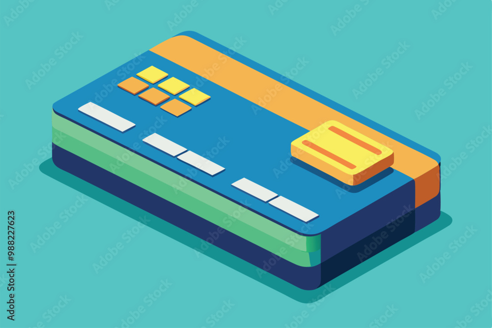 Poster a colorful isometric illustration showcases a customizable credit card design with various sections 