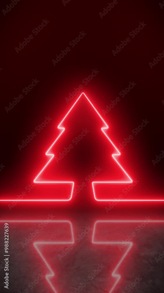 Poster vertical video animation of glowing neon christmas tree in red on reflective floor - abstract backgr