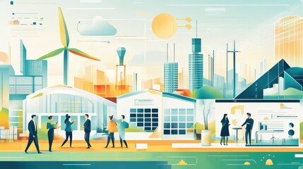 An illustrated corporate report focusing on green energy solutions and social impact, with clear visuals showcasing sustainability metrics.