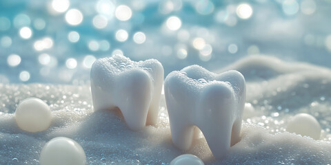Two white teeth in a snowy, sparkly background