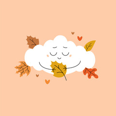 Cute autumn cloud with a smiling face holding an autumn leaf. Vector illustration