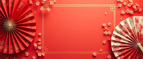 Red and Gold Chinese New Year Background with Fans and Flowers