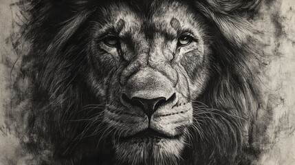 Powerful black and white lion portrait in charcoal, showcasing detailed expressions and shading