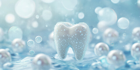 A tooth in a blue watery environment with bubbles and pearls