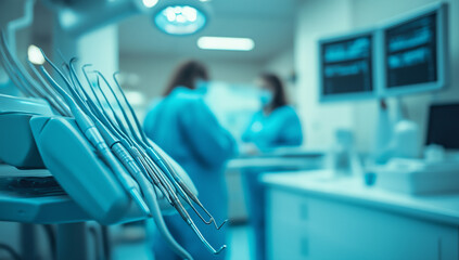 This is a dental office with dental tools and two people in scrubs