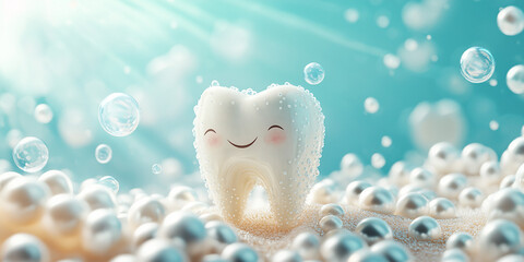 A cartoon tooth with a happy face in a field of bubbles