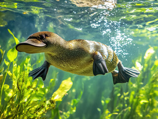 Platypus Swimming Underwater in Clear Stream