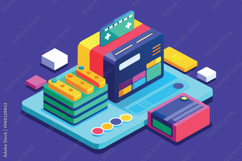 Poster a vibrant isometric illustration depicts various components of credit card payment processing within