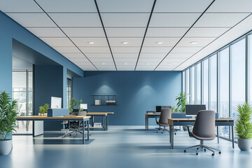 This is a modern office space with blue walls, desks, and computers