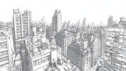 Realistic hand-drawn urban landscape featuring skyscrapers and intricate architectural details