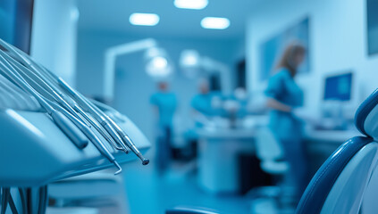 This is a picture of a dental office with dental tools and a dental chair