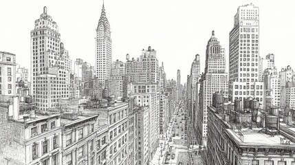 Hand-drawn pencil sketch of a cityscape with tall skyscrapers and detailed architecture