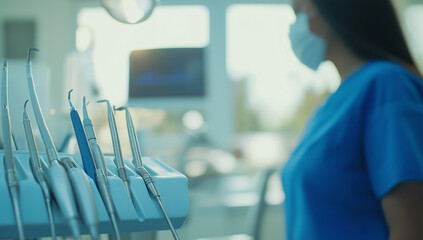 This image shows dental tools in a dental office, with a dental assistant in the background