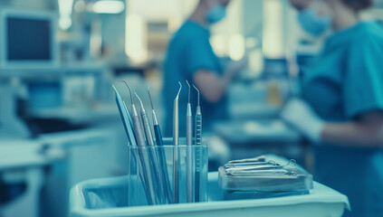 This image shows dental tools in a tray with dentists in the background