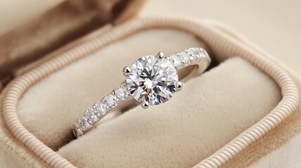 A stunning diamond engagement ring in a luxurious velvet box, symbolizing love and commitment for special moments.