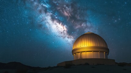 Obraz premium A stunning night sky showcases a bright dome observatory under a galaxy full of stars and cosmic wonders.