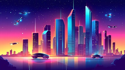 A futuristic city skyline with flying drones and glowing cars, illuminated by neon lights.