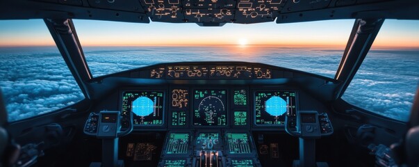 A stunning view from an airplane cockpit capturing the sunrise above the clouds, showcasing advanced flight instruments and controls.