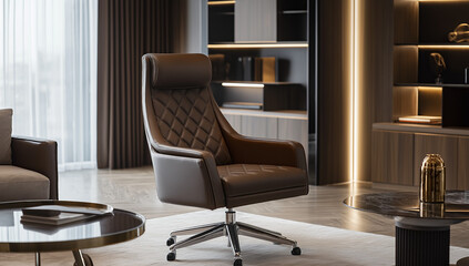 This image shows a brown leather office chair in a modern room