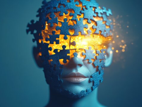 A surreal representation of the human mind as a puzzle, highlighting thoughts and creativity through vibrant light and colors.
