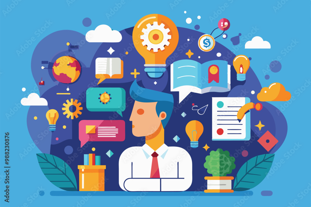 Aufkleber a person contemplates surrounded by vibrant illustrations representing critical thinking concepts in