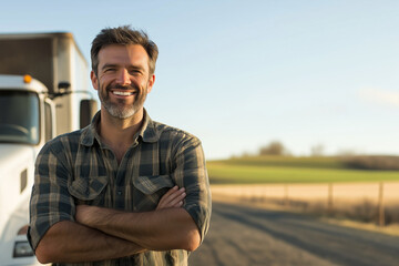 A man with a truck in a farm field. He is smiling and has his arms crossed
