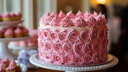 A pink-themed cake at a breast cancer awareness fundraiser
