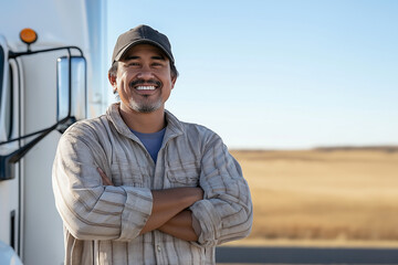 A man in a baseball cap, smiling and standing with his arms crossed in front of a truck