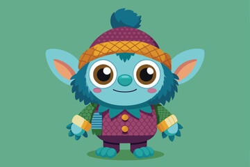 Naklejka premium A joyful blue cartoon creature stands in front of a solid background, dressed in colorful knitted attire and sporting a playful expression.