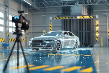 Obraz premium A futuristic car model with a transparent design stands in a modern workshop. The environment is high-tech and stylish. Perfect for automotive innovation themes. Generative AI