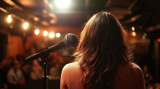 A survivor sharing her story at a charity event - Powered by Adobe