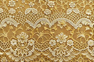 Close-up of embroidered lace fabric with golden floral patterns