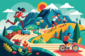 Runners compete fiercely along a winding path while a cyclist enjoys the beautiful mountainous landscape filled with autumn colors.