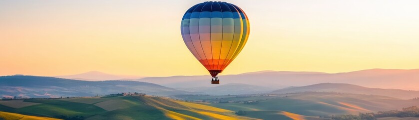 Fototapeta premium A vibrant hot air balloon gracefully floats above rolling hills during a serene sunrise, capturing the magic of adventure and nature.