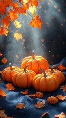 Vibrant pumpkins and autumn leaves create a cozy fall atmosphere, perfect for Thanksgiving and Halloween celebrations, inviting seasonal decoration use.