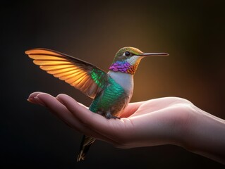 Fototapeta premium A vibrant hummingbird perched gently on a human hand, showcasing its brilliant colors and delicate wings against a soft background.