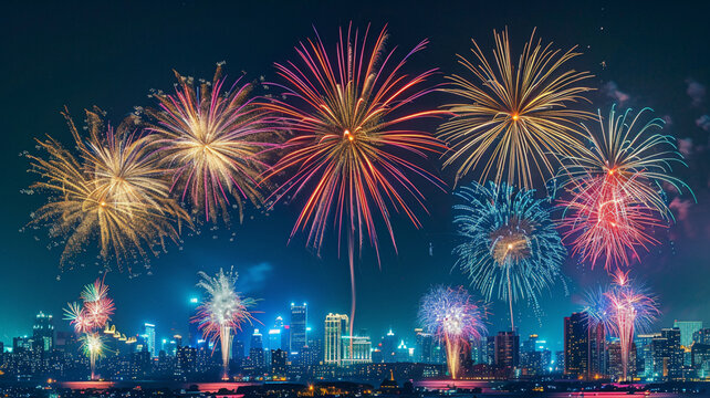Explosive fireworks light up city skyline igniting joy and celebration